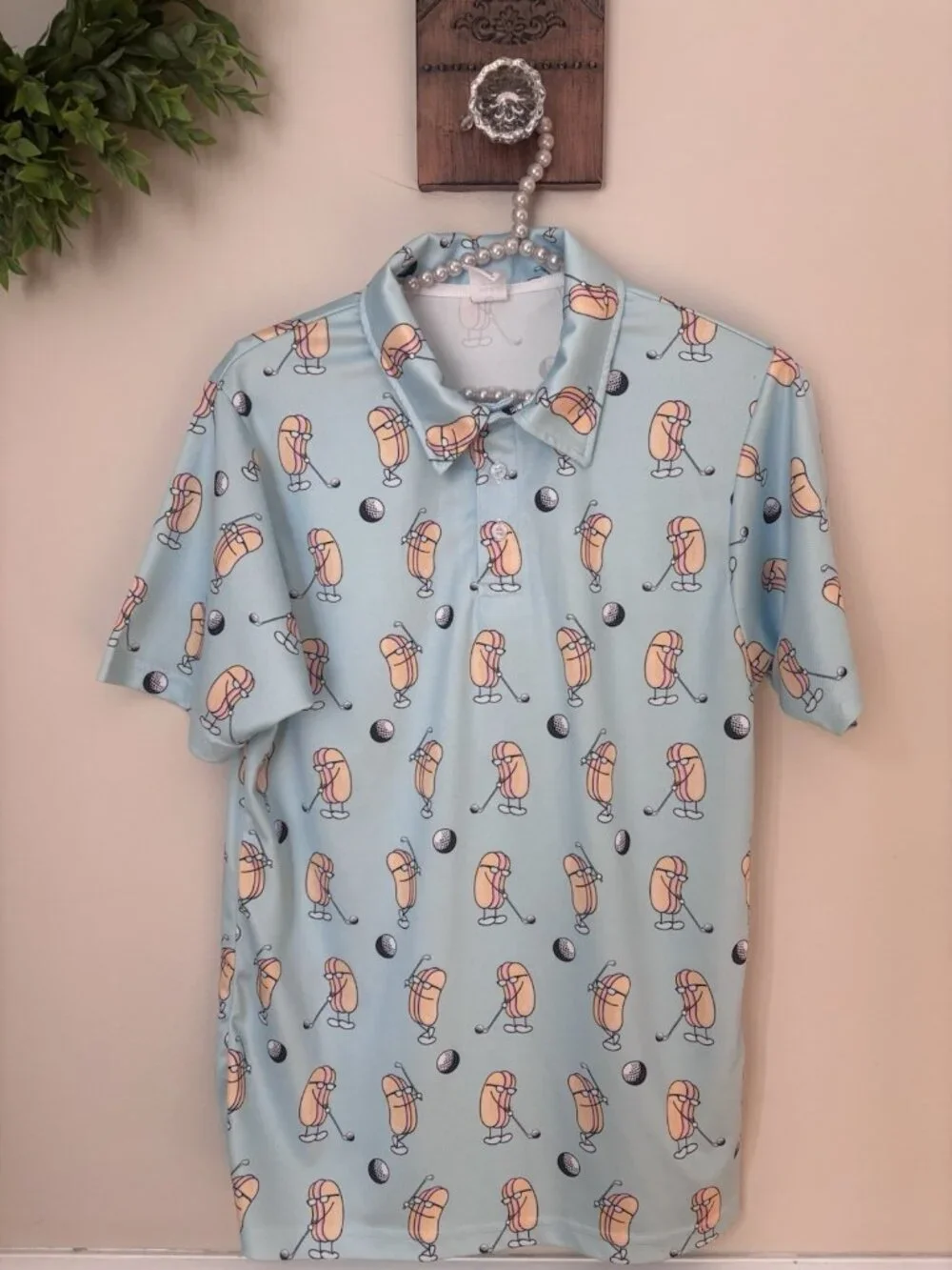 Hot Dog Golfing Mens Size Small Polo Shirt Blue Short Sleeve Novelty Golfer